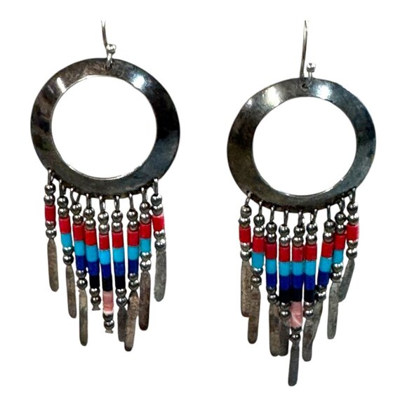 Vtg Sterling Multi Gemstone Southwestern Drop Dangle Earrings Turquoise Coral - Picture 1 of 7